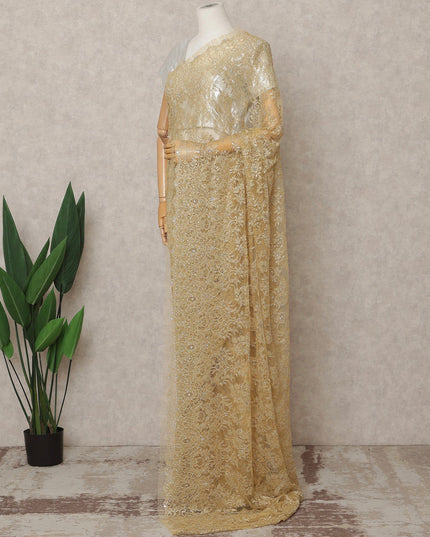 Golden Premium French Metallic Chantilly Lace Saree with Stone Work, Width 110 Cms, 5.5 Mtrs, France-D25590