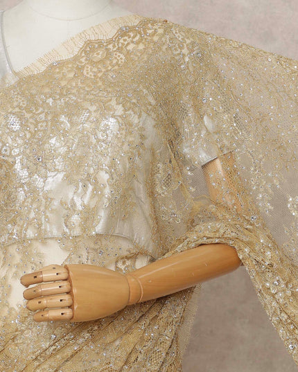 Light Gold Premium French Chantilly Saree Lace with Stone Work 5.5 Mtrs Length, Width 110 Cms and Made in France-D27175