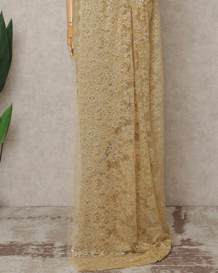 Light Gold Premium French Chantilly Saree Lace with Stone Work 5.5 Mtrs Length, Width 110 Cms and Made in France-D27175