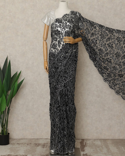 Black Premium French Chantilly Saree Lace with Stone Work 5.5 Mtrs Length, Width 110 Cms and Made in France-D27182