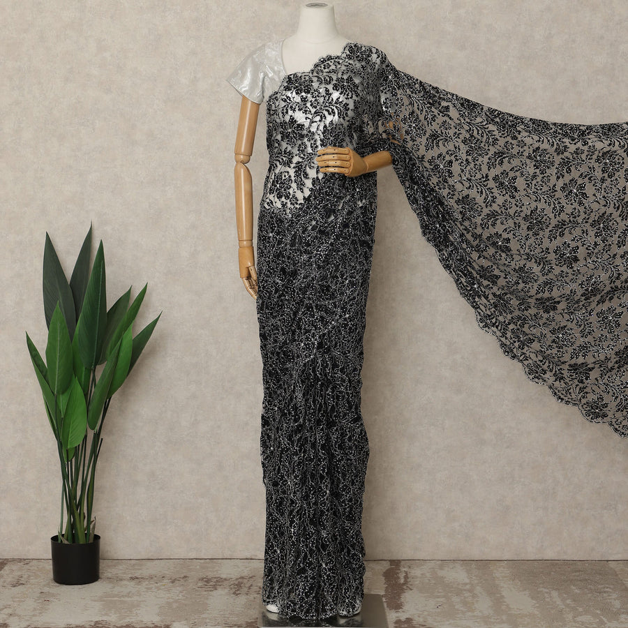Black Premium French Chantilly Saree Lace with Stone Work 5.5 Mtrs Length, Width 110 Cms and Made in France-D27182