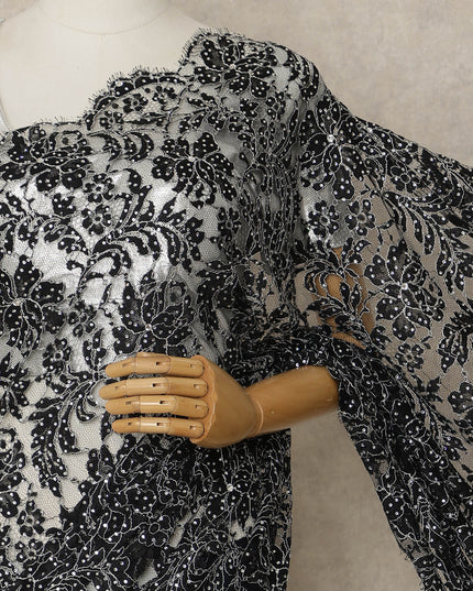 Black Premium French Chantilly Saree Lace with Stone Work 5.5 Mtrs Length, Width 110 Cms and Made in France-D27182