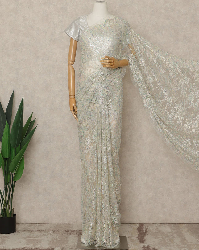 Ivory Pastel Premium French Metallic Chantilly Lace Saree with Stone Work, 5.5 Mtrs Length, 110 Cms Width, Made in France-D27150