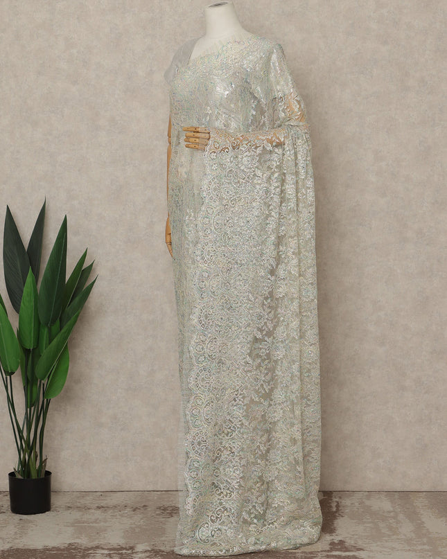 Ivory Pastel Premium French Metallic Chantilly Lace Saree with Stone Work, 5.5 Mtrs Length, 110 Cms Width, Made in France-D27150