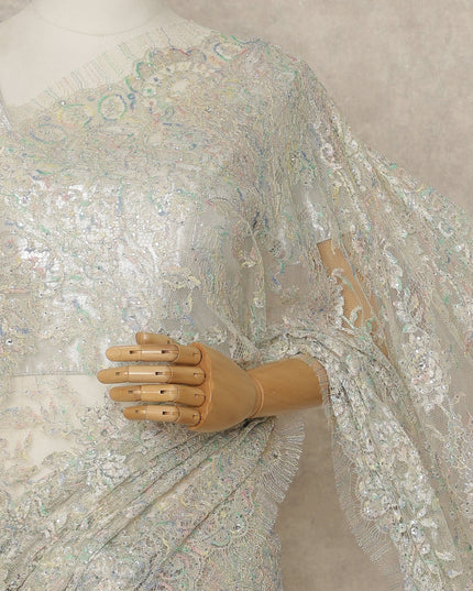 Ivory Pastel Premium French Metallic Chantilly Lace Saree with Stone Work, 5.5 Mtrs Length, 110 Cms Width, Made in France-D27150