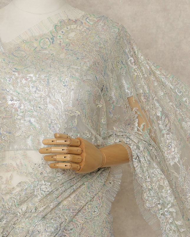 Ivory Pastel Premium French Metallic Chantilly Lace Saree with Stone Work, 5.5 Mtrs Length, 110 Cms Width, Made in France-D27150