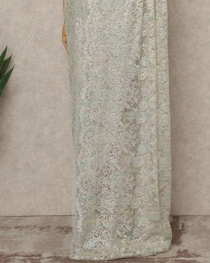 Ivory Pastel Premium French Metallic Chantilly Lace Saree with Stone Work, 5.5 Mtrs Length, 110 Cms Width, Made in France-D27150