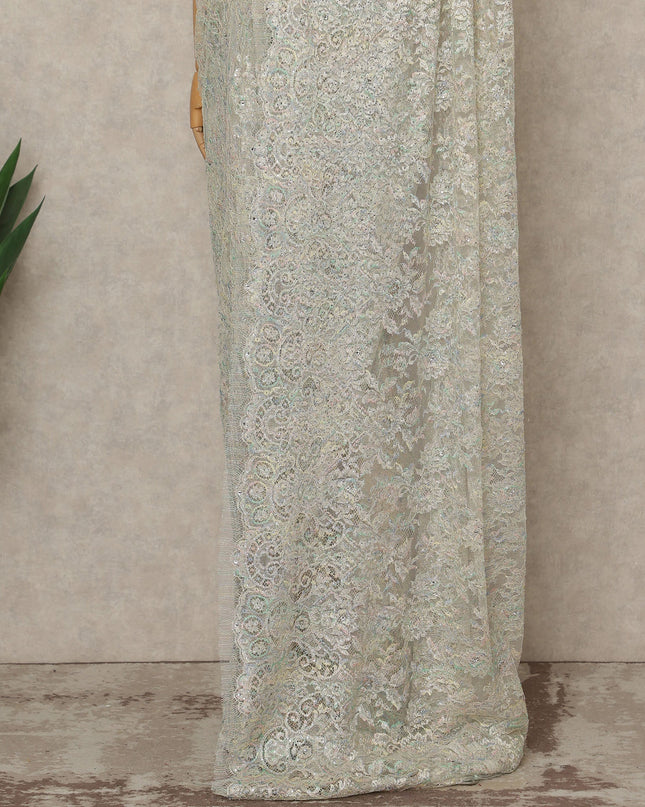 Ivory Pastel Premium French Metallic Chantilly Lace Saree with Stone Work, 5.5 Mtrs Length, 110 Cms Width, Made in France-D27150