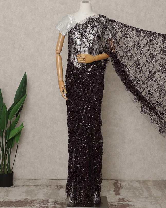 Dark Plum Premium French Chantilly Saree Lace With Stone Work 5.5 Mtrs Length 110 Cms Width Designer Net Fabric Made In France, Blouse Not Included-D28108
