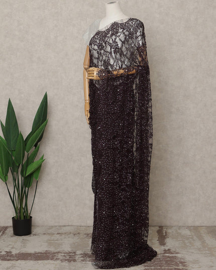 ساري فرنسي فاخر بلون النبيذ الداكن من الدانتيل الشانتيلي ثنائي اللون مع تطريز حجري، عرض 110 سم، 5.5 متر، فرنسا - D25585