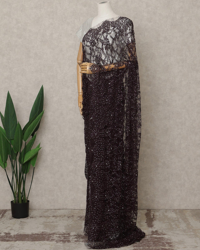 Dark Plum Premium French Chantilly Saree Lace With Stone Work 5.5 Mtrs Length 110 Cms Width Designer Net Fabric Made In France, Blouse Not Included-D28108