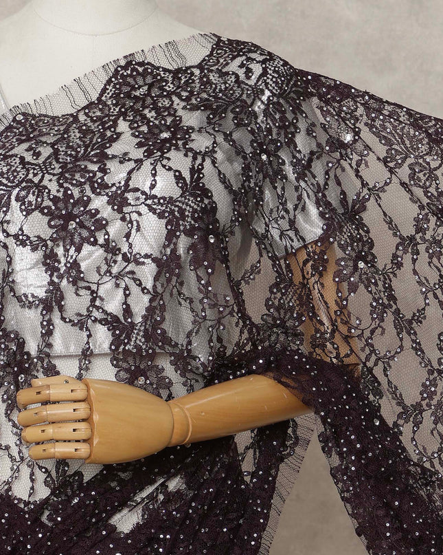 Dark Plum Premium French Chantilly Saree Lace With Stone Work 5.5 Mtrs Length 110 Cms Width Designer Net Fabric Made In France, Blouse Not Included-D28108
