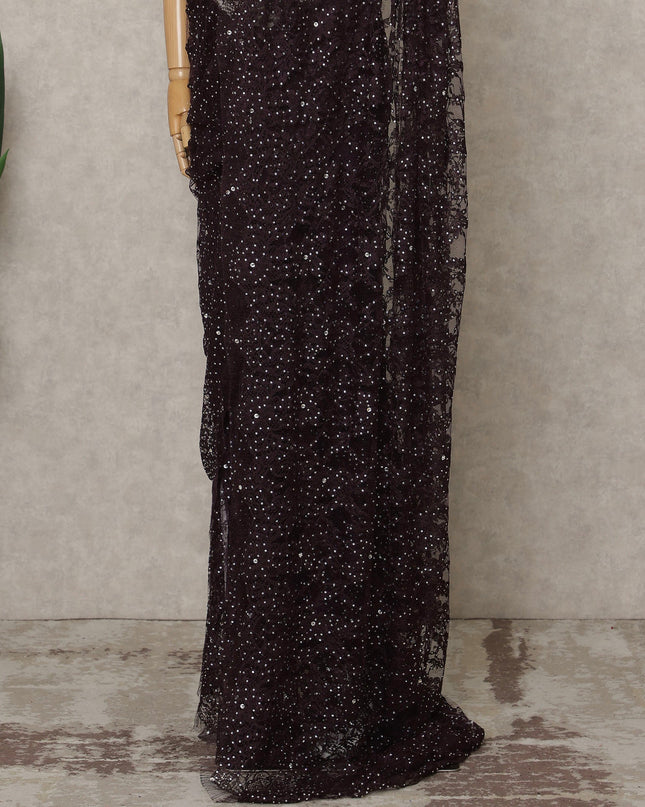 Dark Plum Premium French Chantilly Saree Lace With Stone Work 5.5 Mtrs Length 110 Cms Width Designer Net Fabric Made In France, Blouse Not Included-D28108