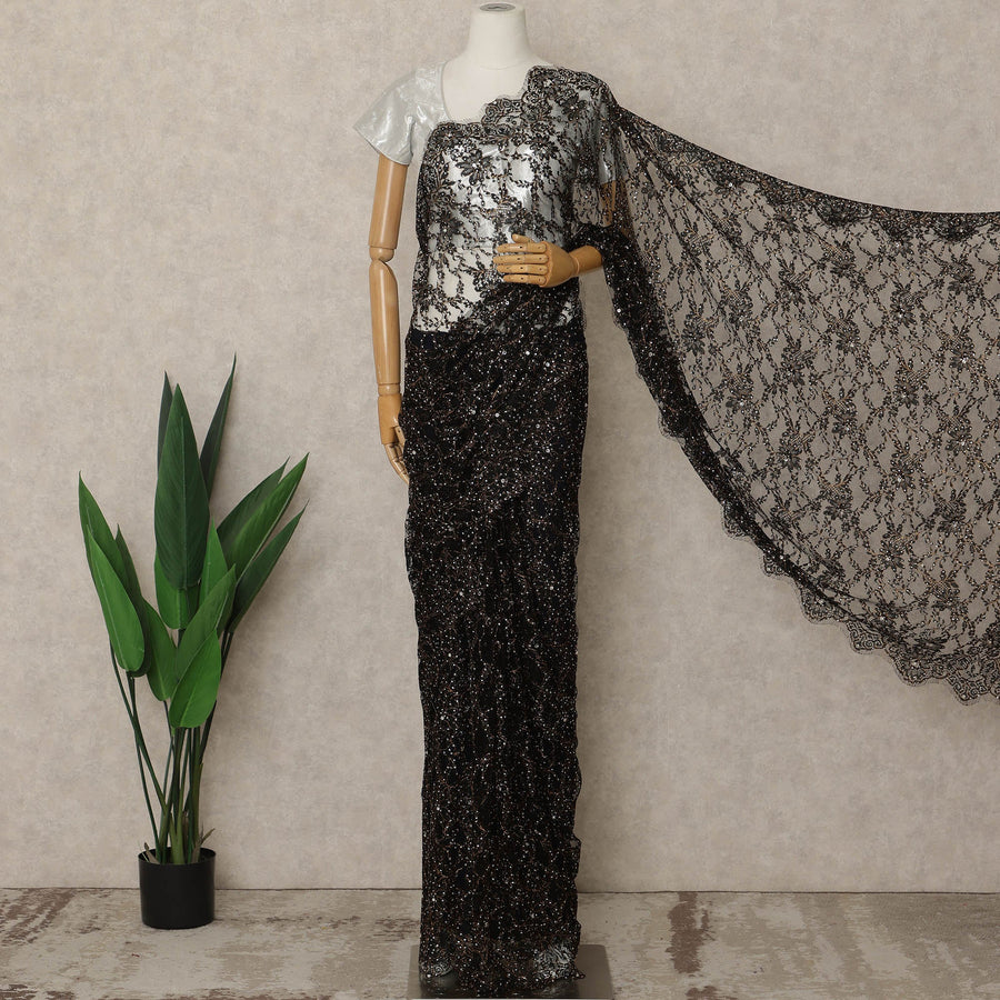 Black Premium French Chantilly Saree Lace with Stone Work 5.5 Mtrs Length, Width 110 Cms and Made in France-D27184