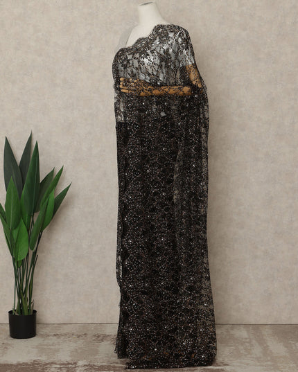 Black Premium French Chantilly Saree Lace with Stone Work 5.5 Mtrs Length, Width 110 Cms and Made in France-D27184