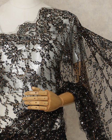 Black Premium French Chantilly Saree Lace with Stone Work 5.5 Mtrs Length, Width 110 Cms and Made in France-D27184