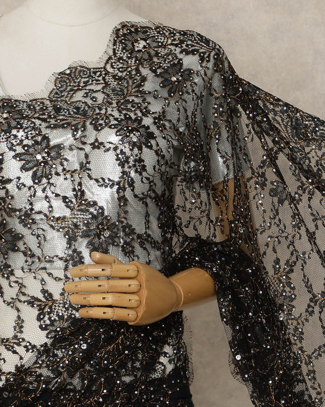 Black Premium French Chantilly Saree Lace with Stone Work 5.5 Mtrs Length, Width 110 Cms and Made in France-D27184