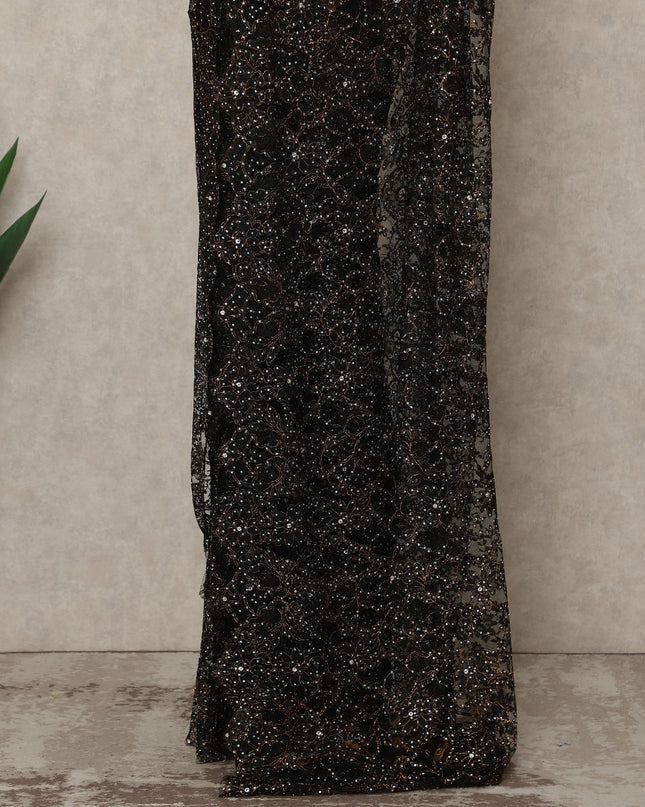 Black Premium French Chantilly Saree Lace with Stone Work 5.5 Mtrs Length, Width 110 Cms and Made in France-D27184