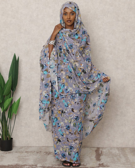 Grey Multicolor Floral Traditional Sudanese Thobe with 4.5 Mtrs Pure Cotton Voile Fabric, Embroidered, Width 140 Cms, Made in India-D24477
