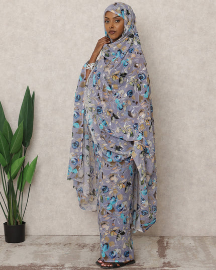 Grey Multicolor Floral Traditional Sudanese Thobe with 4.5 Mtrs Pure Cotton Voile Fabric, Embroidered, Width 140 Cms, Made in India-D24477