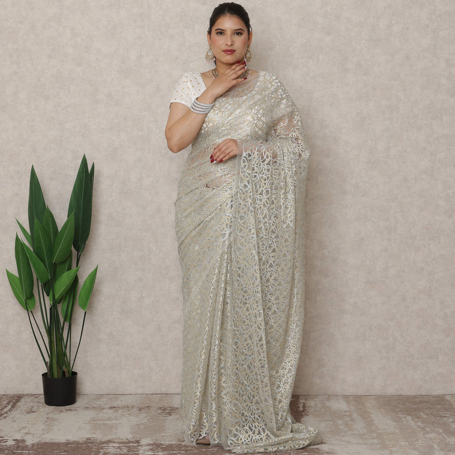 Ivory Gold Premium French Metallic Chantilly Saree Lace, 5.5 Mtrs Length, 110 Cms Width, Made in France-D24451