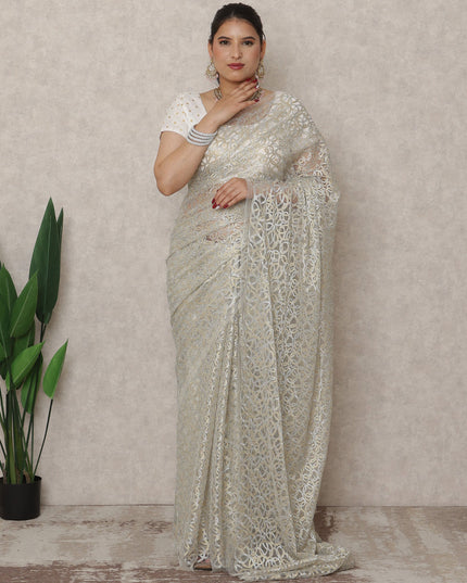 French Chantilly Lace Saree Piece - Frosted Silver