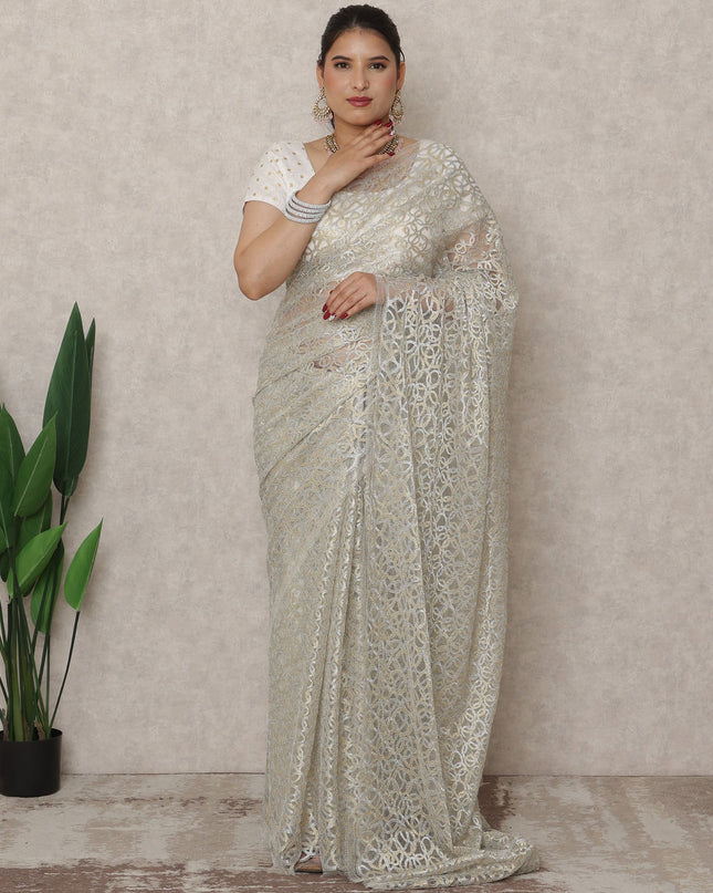 French Chantilly Lace Saree Piece - Frosted Silver