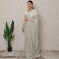 Ivory Gold Premium French Metallic Chantilly Saree Lace, 5.5 Mtrs Length, 110 Cms Width, Made in France-D24451