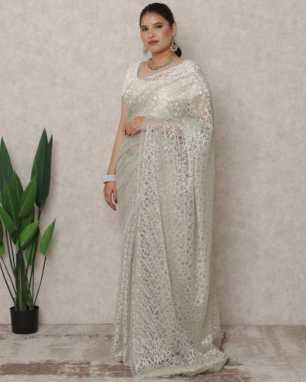 Ivory Gold Premium French Metallic Chantilly Saree Lace, 5.5 Mtrs Length, 110 Cms Width, Made in France-D24451