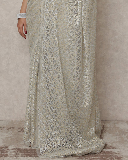 Ivory Gold Premium French Metallic Chantilly Saree Lace, 5.5 Mtrs Length, 110 Cms Width, Made in France-D24451