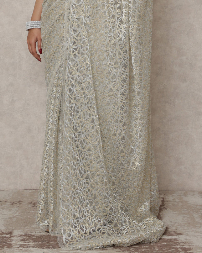 Ivory Gold Premium French Metallic Chantilly Saree Lace, 5.5 Mtrs Length, 110 Cms Width, Made in France-D24451