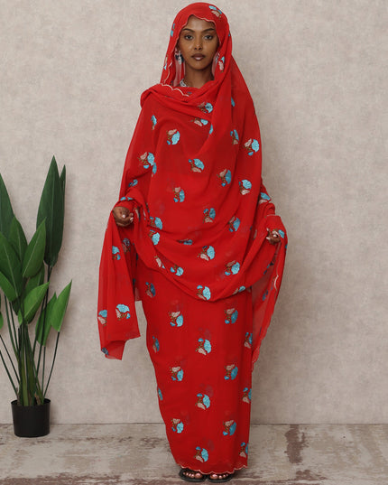 Red Traditional Sudanese Thobe with Blue and Gold Floral Voile Embroidery, 4.5 Mtrs Piece, Pure Cotton Fabric, Width 140 Cms, Made in India-D24467