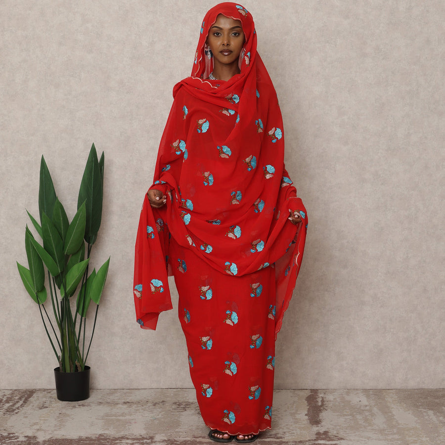 Red Traditional Sudanese Thobe with Blue and Gold Floral Voile Embroidery, 4.5 Mtrs Piece, Pure Cotton Fabric, Width 140 Cms, Made in India-D24467