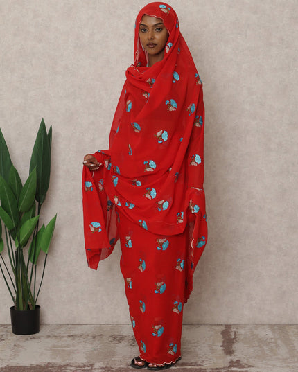 Red Traditional Sudanese Thobe with Blue and Gold Floral Voile Embroidery, 4.5 Mtrs Piece, Pure Cotton Fabric, Width 140 Cms, Made in India-D24467