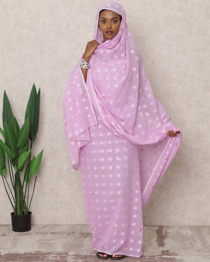 Lilac Traditional Sudanese Thobe with Golden Voile Embroidery, 4.5 Mtrs Piece, Pure Cotton Fabric, Width 140 Cms, Made in India-D24453