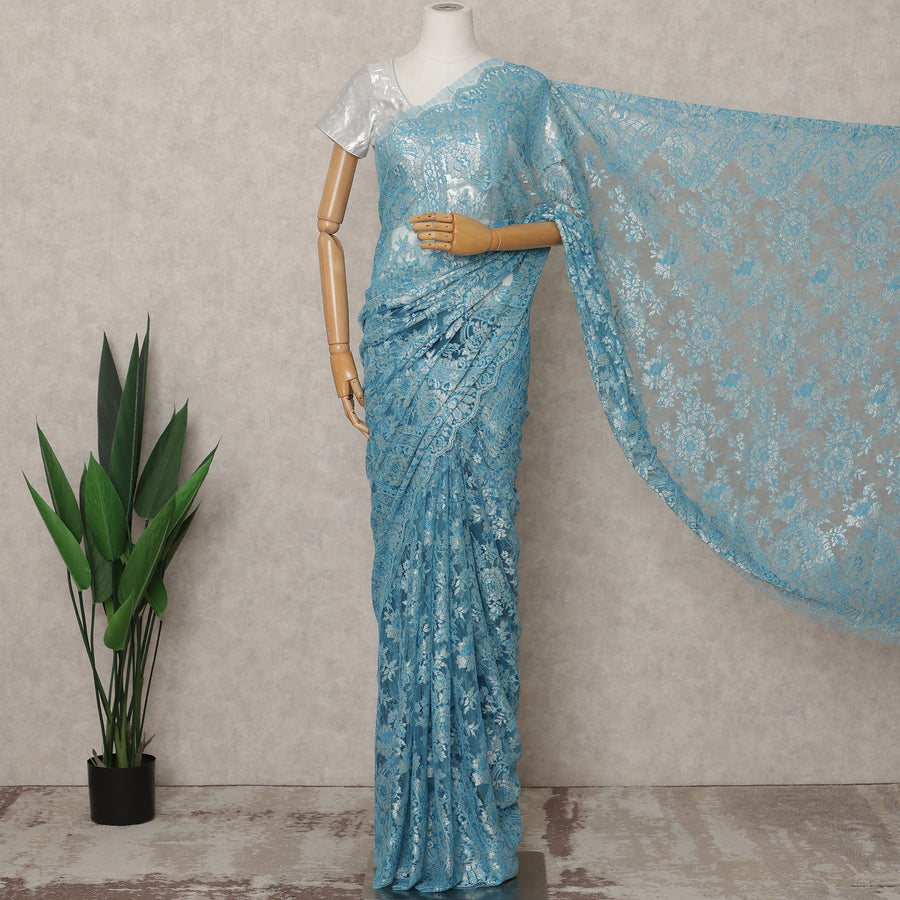 Sky Blue Premium French Metallic Chantilly Lace Saree Fabric – 5.5 Meters Length, 110 Cms Width, Imported from France-D25718