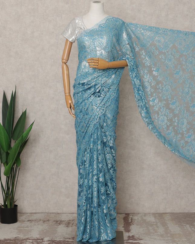 French Chantilly Lace Saree Piece - Powder Blue