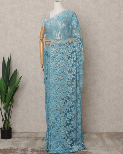 Sky Blue Premium French Metallic Chantilly Lace Saree Fabric – 5.5 Meters Length, 110 Cms Width, Imported from France-D25718