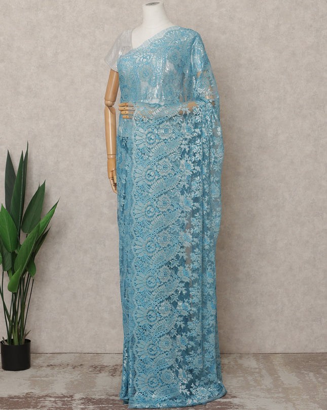Sky Blue Premium French Metallic Chantilly Lace Saree Fabric – 5.5 Meters Length, 110 Cms Width, Imported from France-D25718