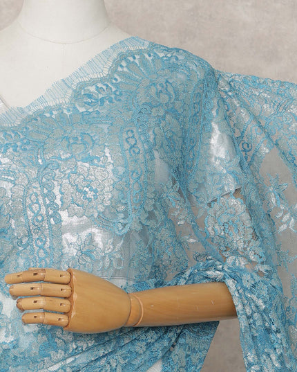 Sky Blue Premium French Metallic Chantilly Lace Saree Fabric – 5.5 Meters Length, 110 Cms Width, Imported from France-D25718