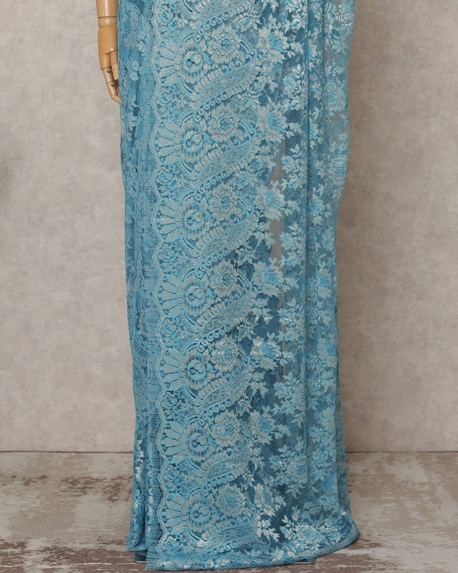 Sky Blue Premium French Metallic Chantilly Lace Saree Fabric – 5.5 Meters Length, 110 Cms Width, Imported from France-D25718