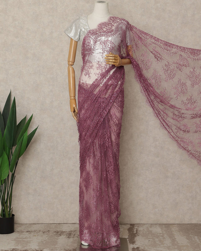 Mauve Premium French Metallic Chantilly Saree Lace with Stone Work 5.5 Mtrs Length, Width 110 Cms and Made in France-D27185