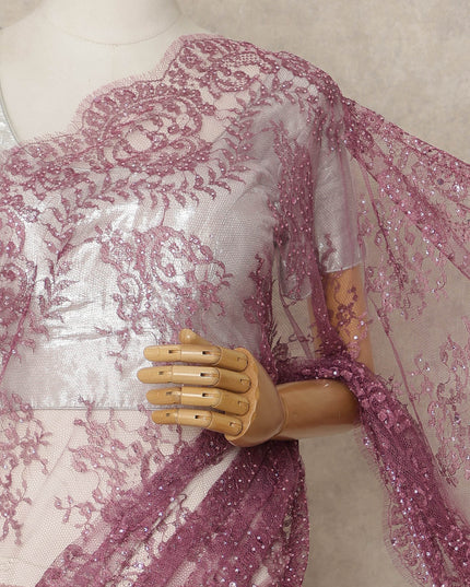 Mauve Premium French Metallic Chantilly Saree Lace with Stone Work 5.5 Mtrs Length, Width 110 Cms and Made in France-D27185