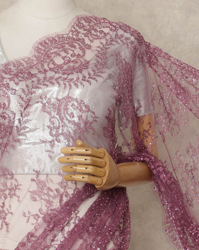 Mauve Premium French Metallic Chantilly Saree Lace with Stone Work 5.5 Mtrs Length, Width 110 Cms and Made in France-D27185