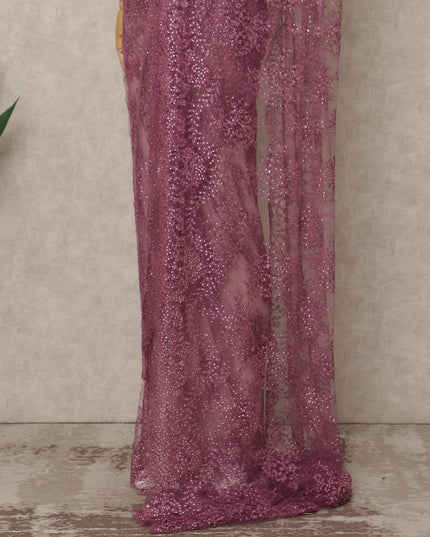 Mauve Premium French Metallic Chantilly Saree Lace with Stone Work 5.5 Mtrs Length, Width 110 Cms and Made in France-D27185