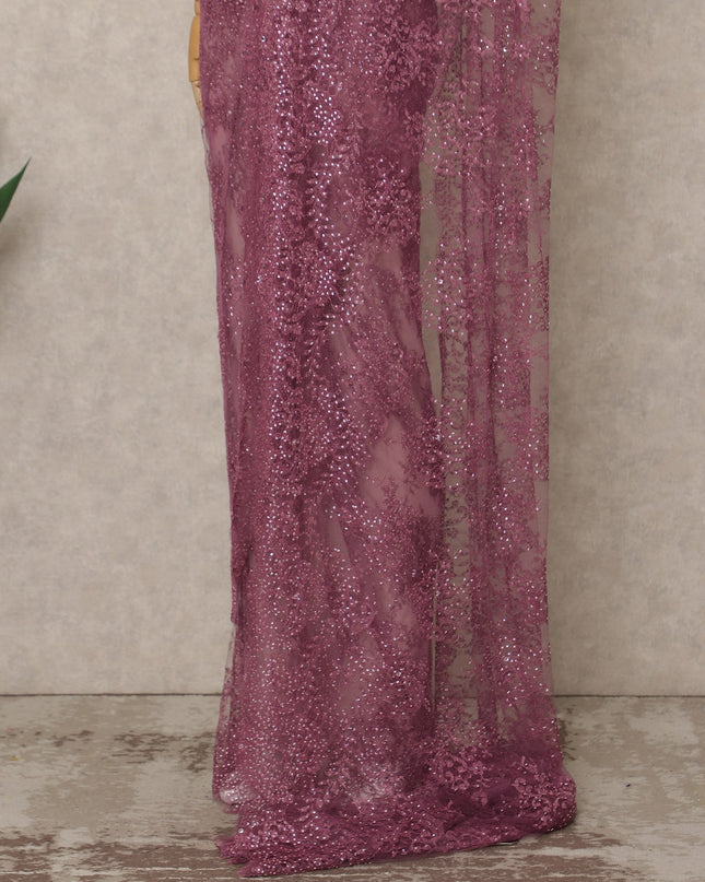 Mauve Premium French Metallic Chantilly Saree Lace with Stone Work 5.5 Mtrs Length, Width 110 Cms and Made in France-D27185