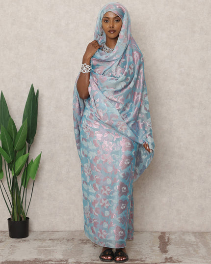 Blue Fransawi Traditional Sudanese Thobe with 4.5 Mtrs Pure French Silk Chiffon & Metallic Lurex Fabric, Width 140 Cms, Made in France-D24489 - Regal Fabrics
