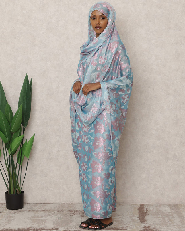 Powder Blue Floral Metallic Lurex Design Premium French Silk Chiffon Fabric, 110 Cms Width, Made in France-D25739