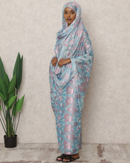 Blue Fransawi Traditional Sudanese Thobe with 4.5 Mtrs Pure French Silk Chiffon & Metallic Lurex Fabric, Width 140 Cms, Made in France-D24489 - Regal Fabrics