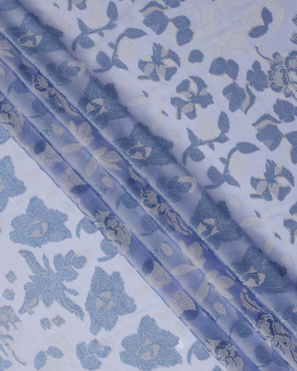 Powder Blue Floral Metallic Lurex Design Premium French Silk Chiffon Fabric, 110 Cms Width, Made in France-D25739